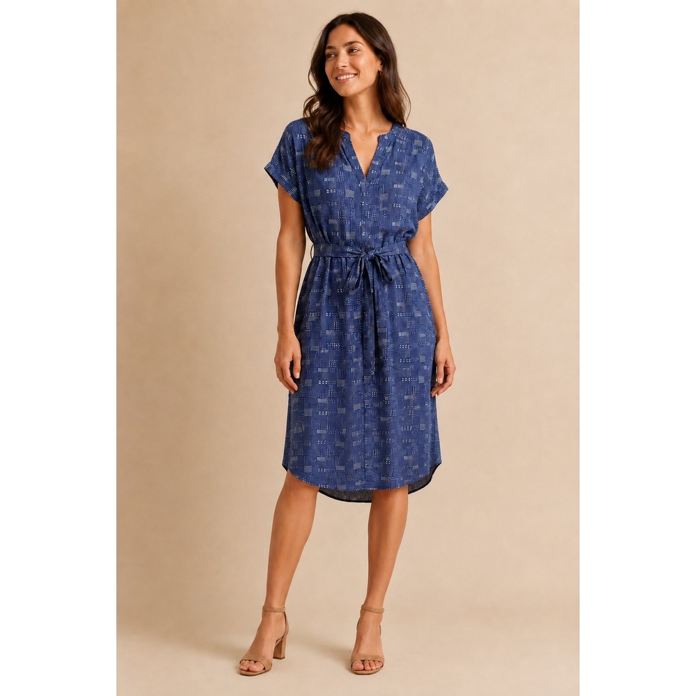 Mata Traders Shirt Dress Womens XL Blue Geometric Cotton Button Front Waist Tie